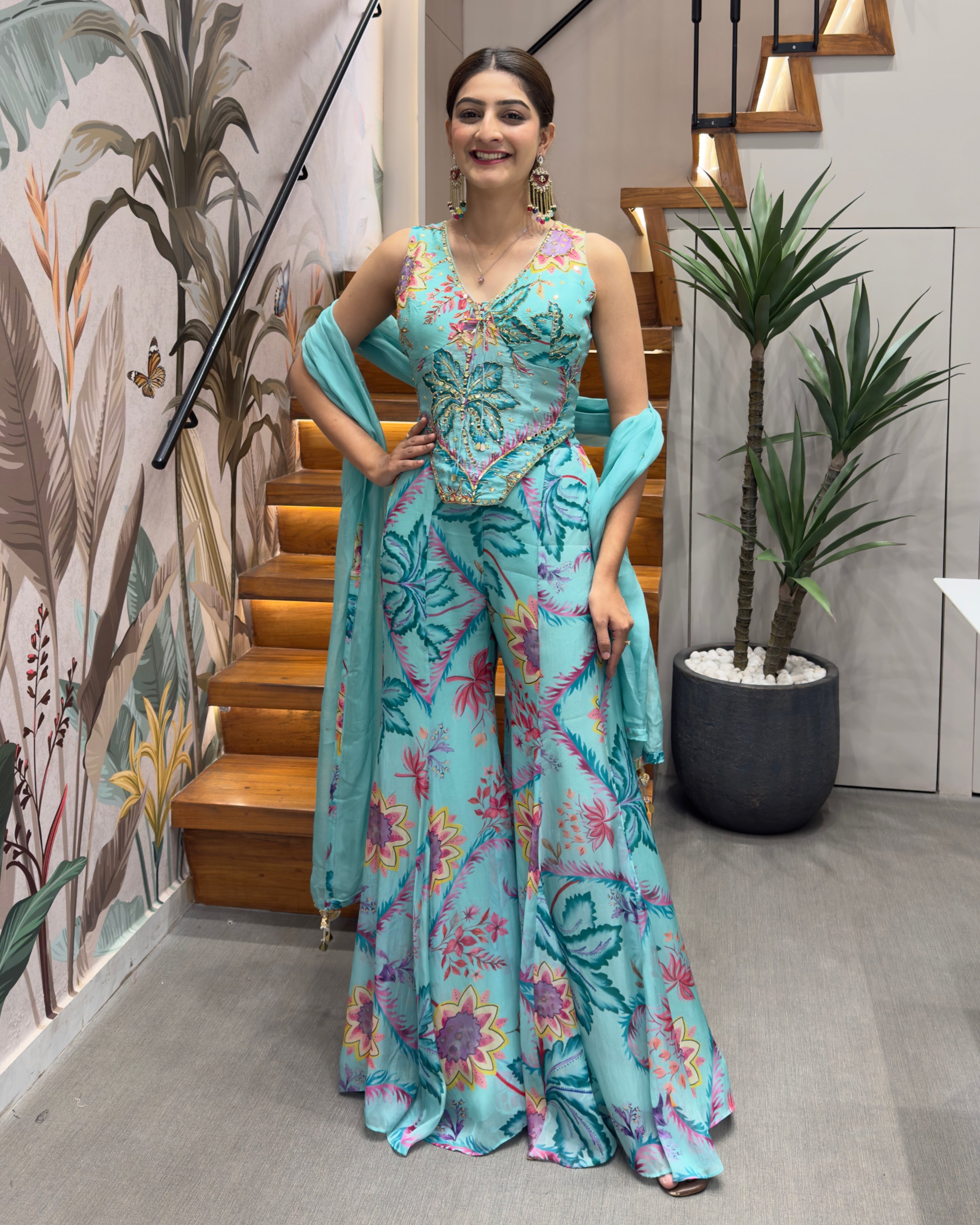 Designer Floral Handworked Palazzo Set with Dupatta