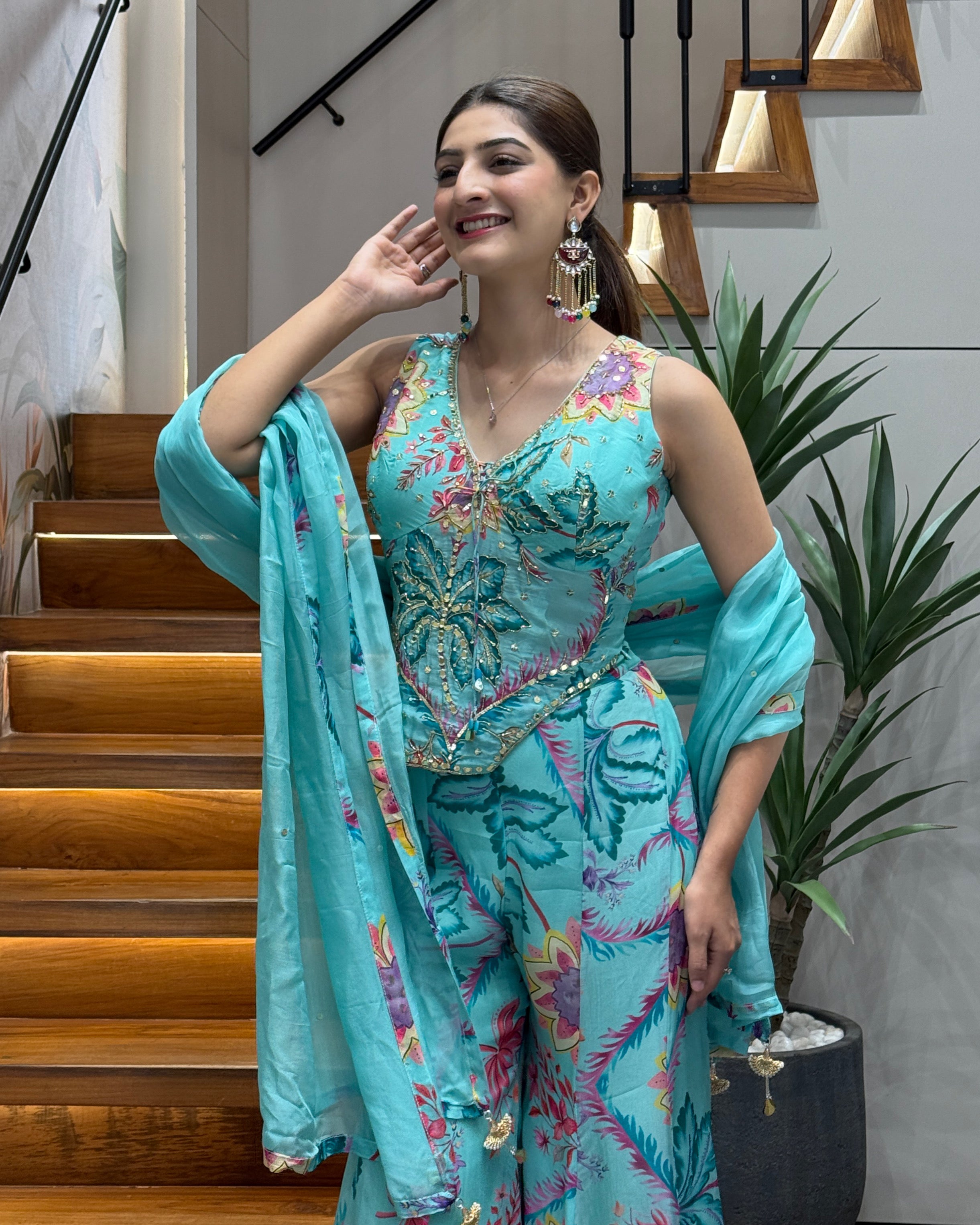 Designer Floral Handworked Palazzo Set with Dupatta