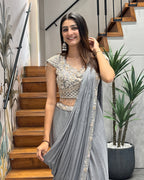 Elegant Grey Handworked Drape Saree Set
