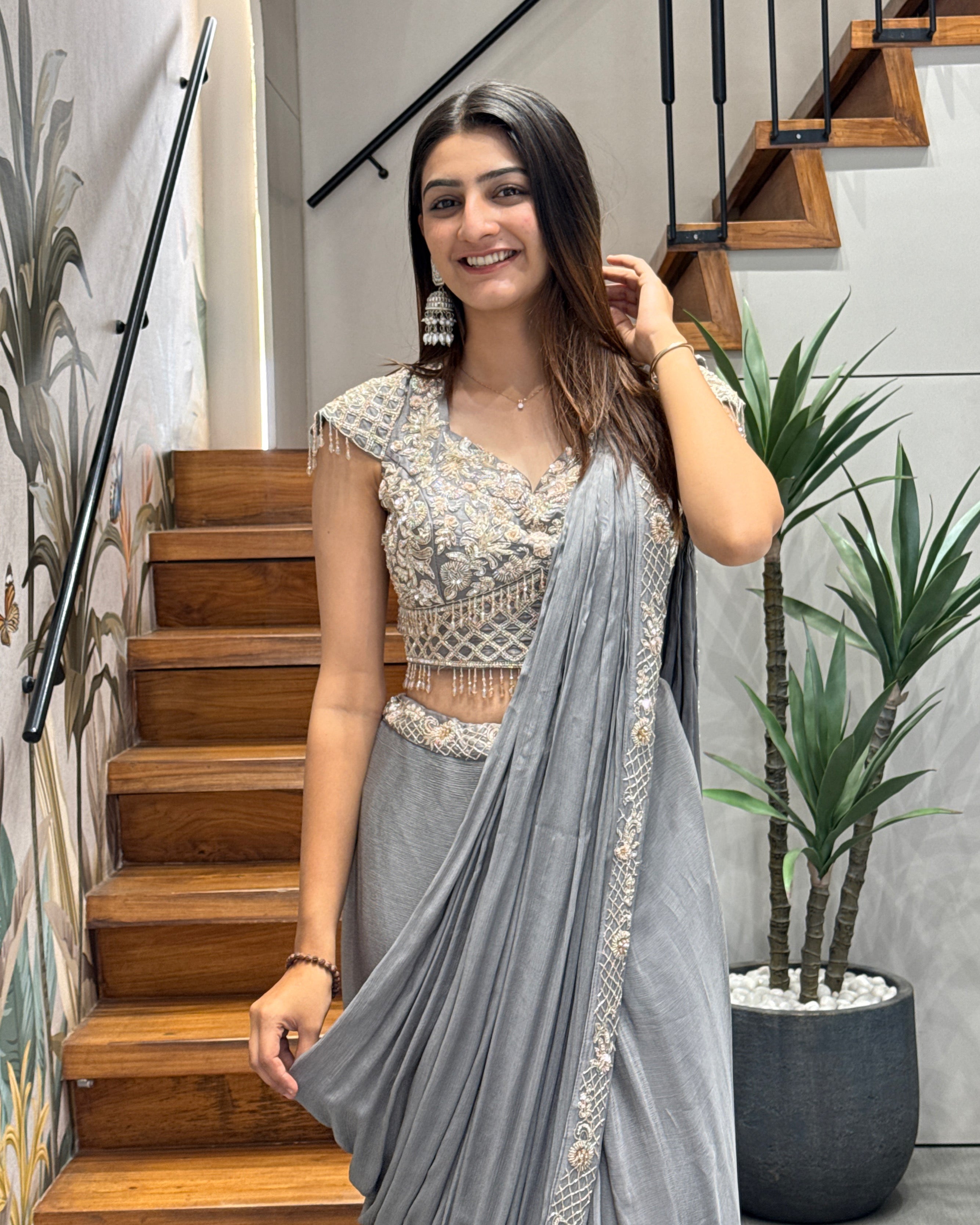 Elegant Grey Handworked Drape Saree Set