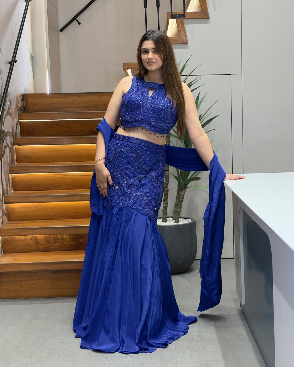 Royal Blue Pure Handworked Fish Cut Lehenga Set with Designer Blouse & Dupatta