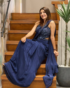 Designer Ready-to-Wear Navy Blue Saree with Handwork Blouse