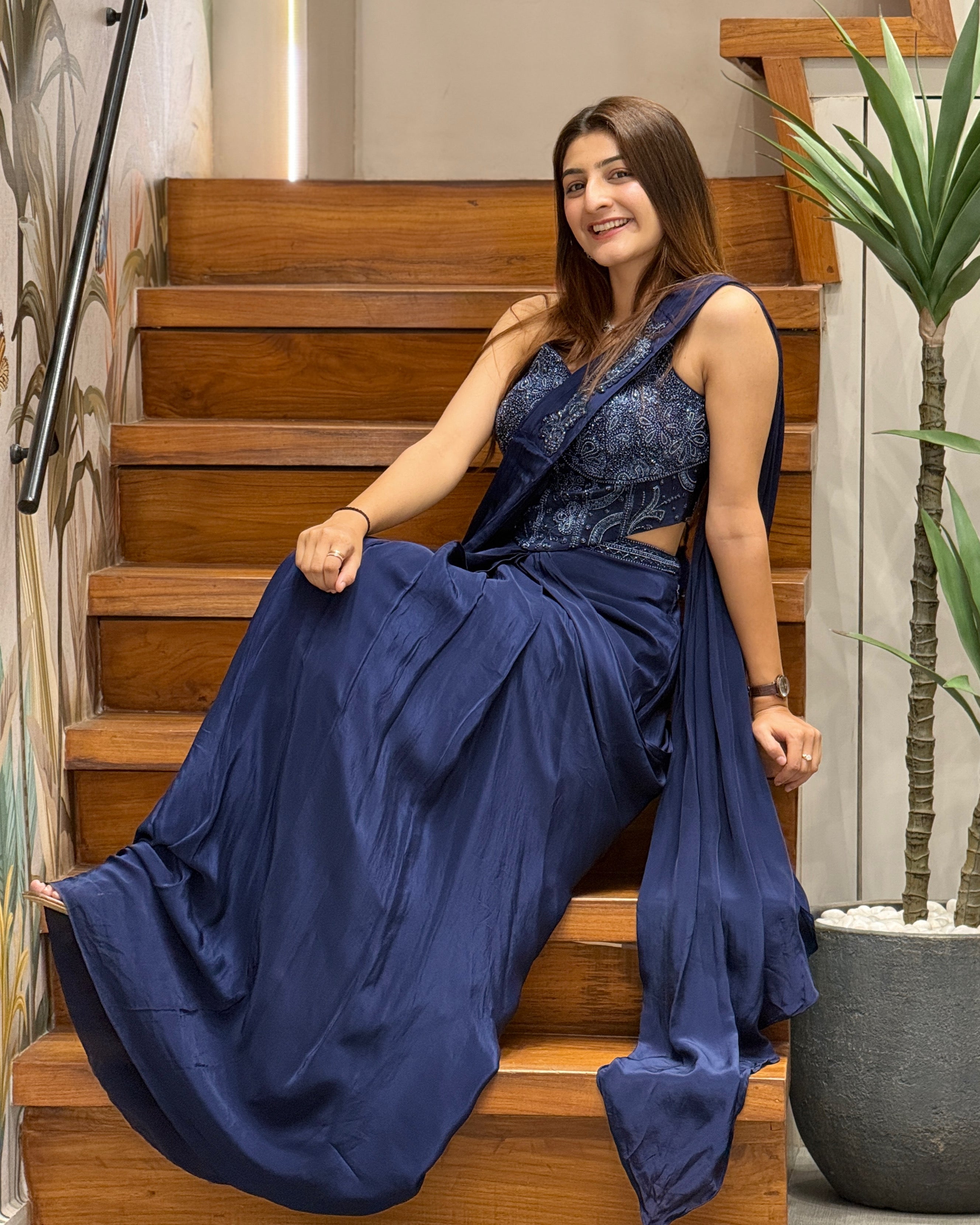 Designer Ready-to-Wear Navy Blue Saree with Handwork Blouse