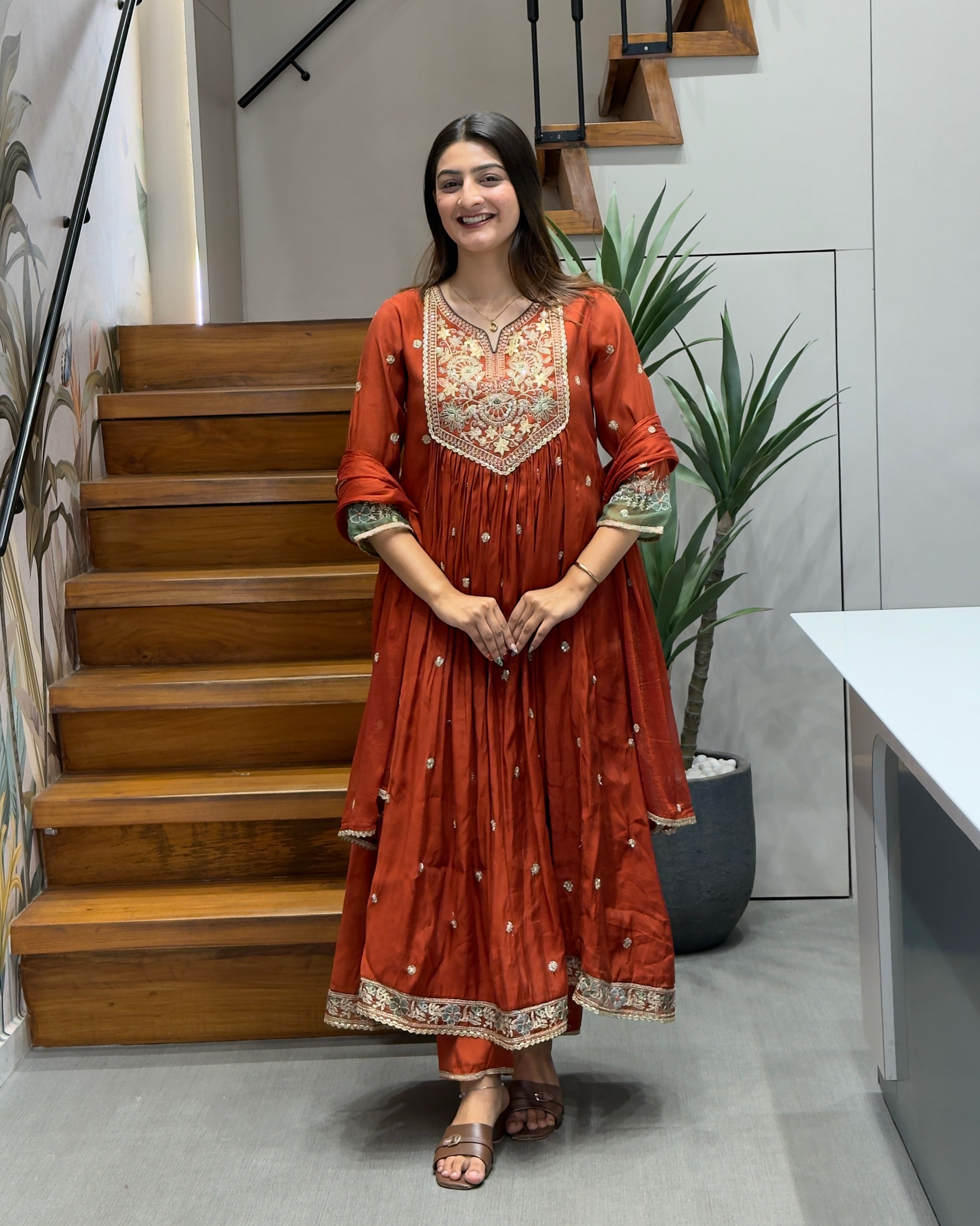 Elegant Rust Orange Handwork Three Piece Suit Set