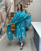 Premium Cotton Embroidered Kurti Pant Set with Dupatta