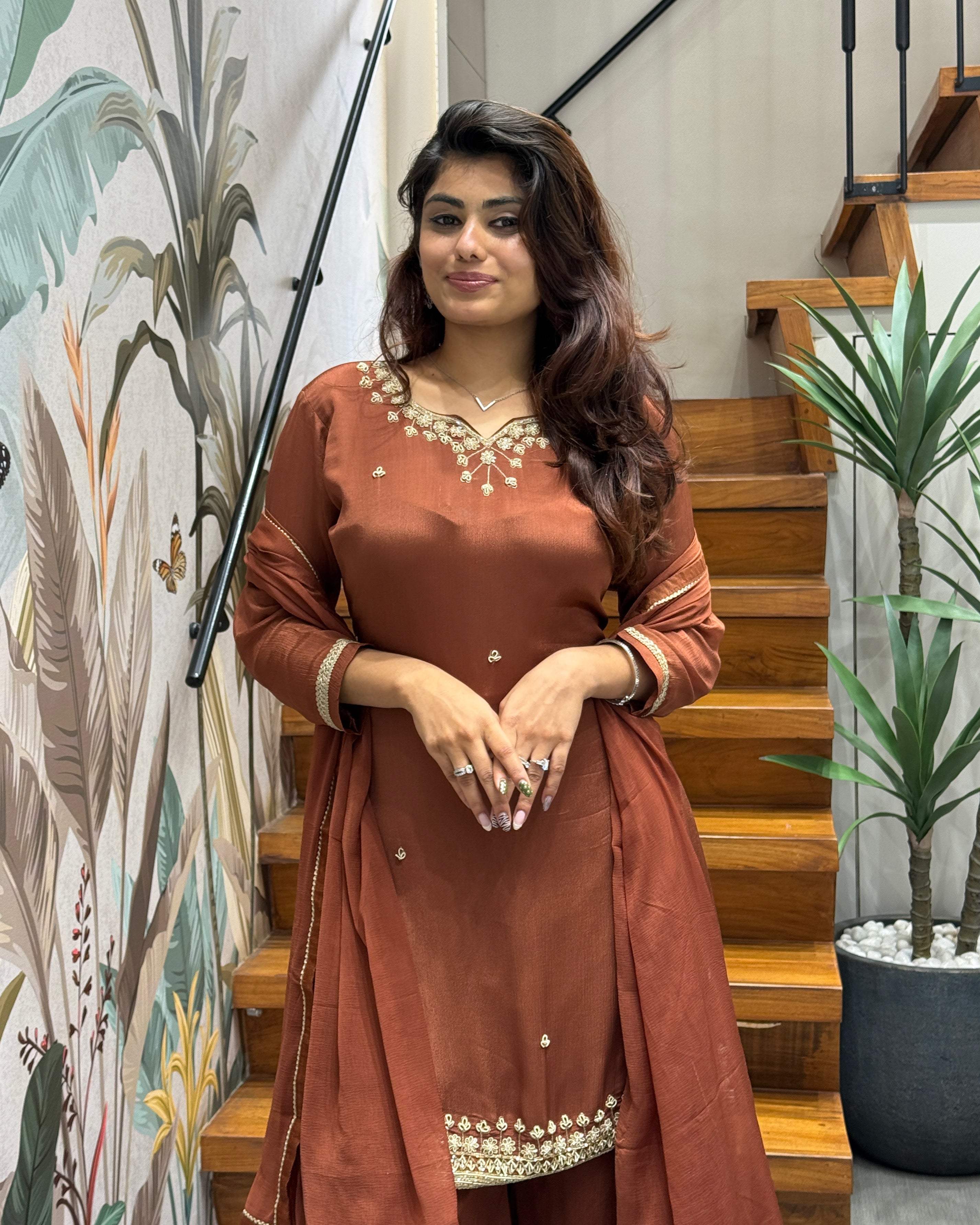 Elegant Handworked Rust Brown Palazzo Set with Dupatta