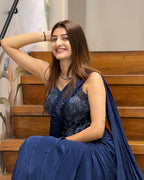 Designer Ready-to-Wear Navy Blue Saree with Handwork Blouse