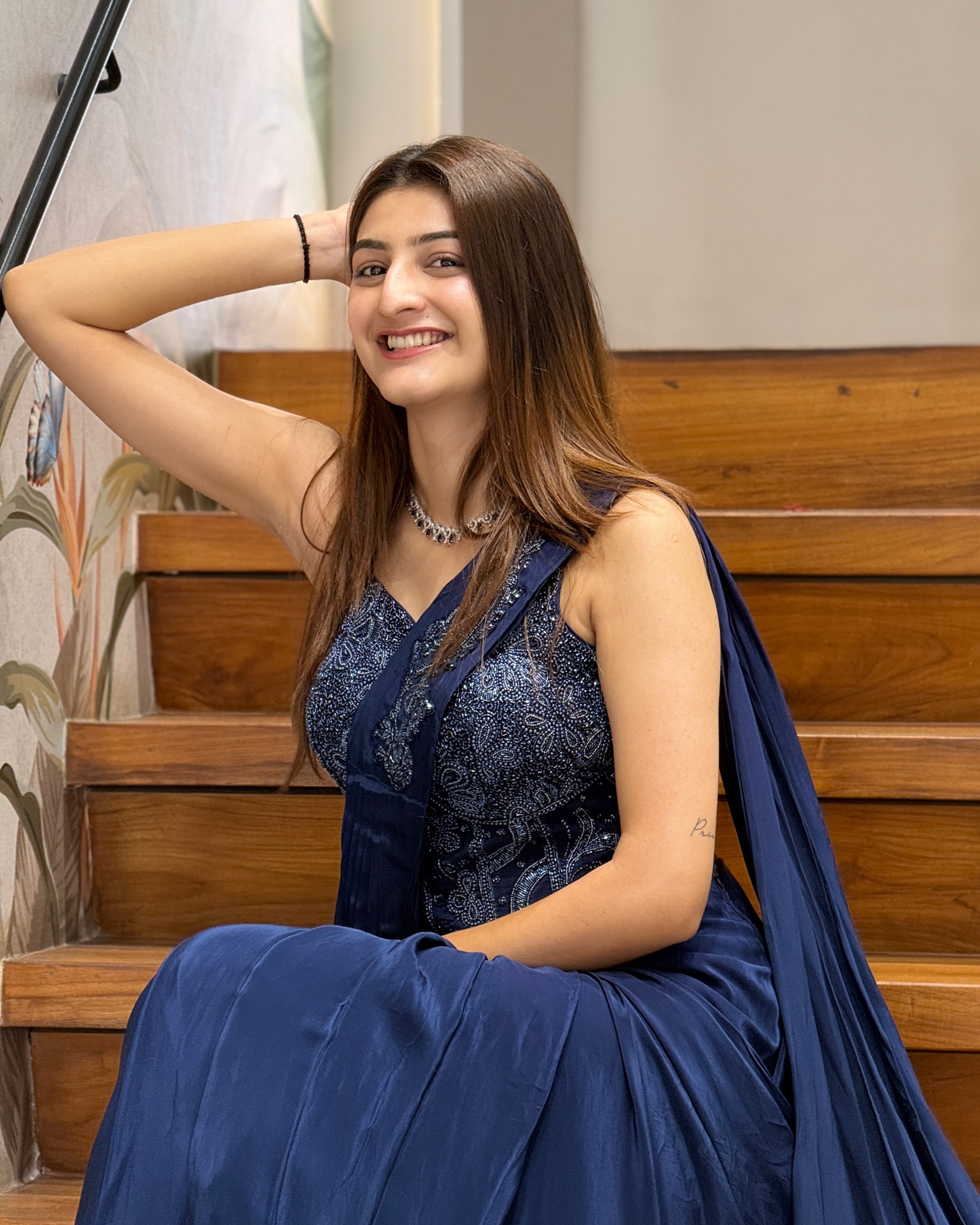Designer Ready-to-Wear Navy Blue Saree with Handwork Blouse