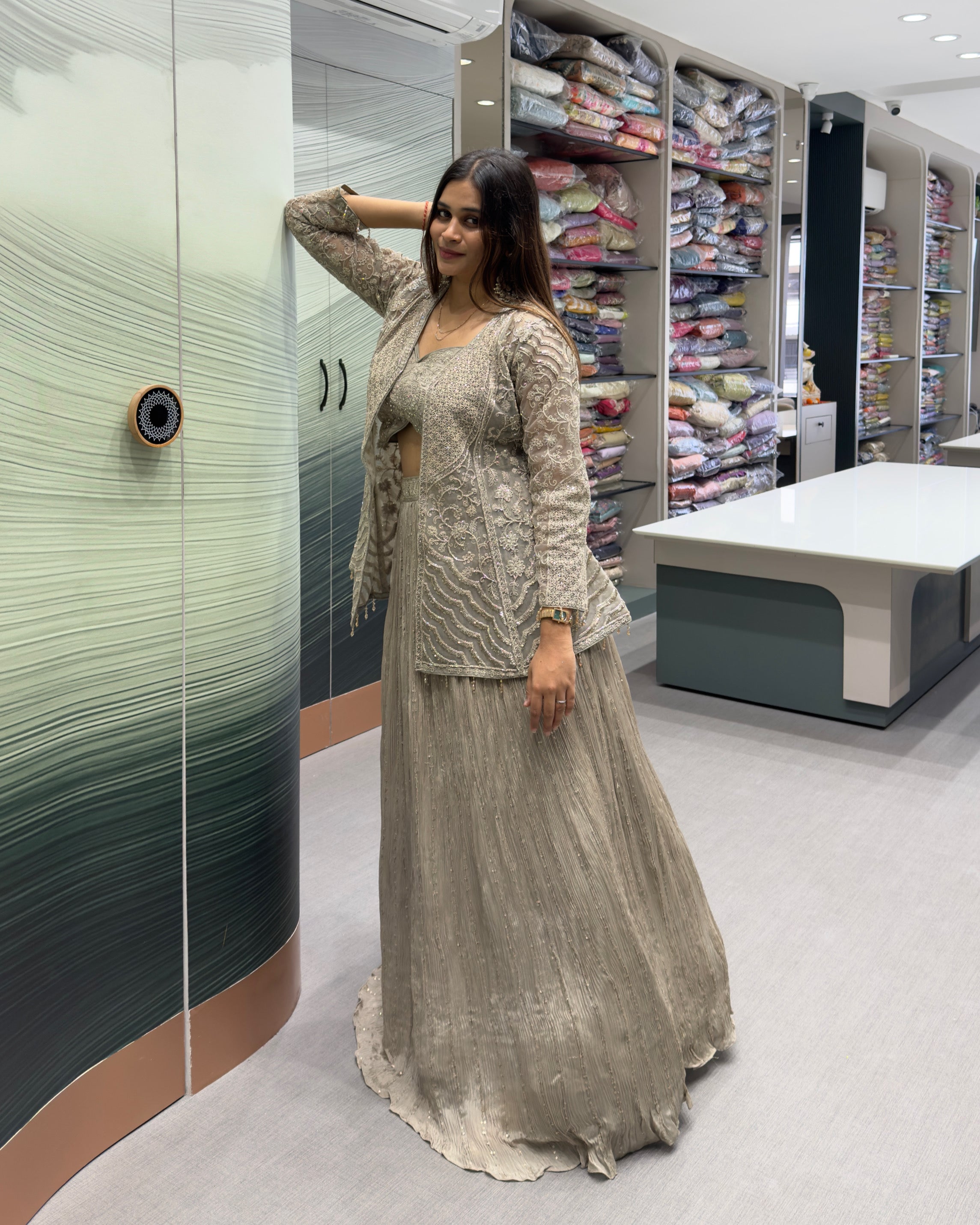 Dusty Grey Designer Handworked Koti Style Lehenga Set with Inner