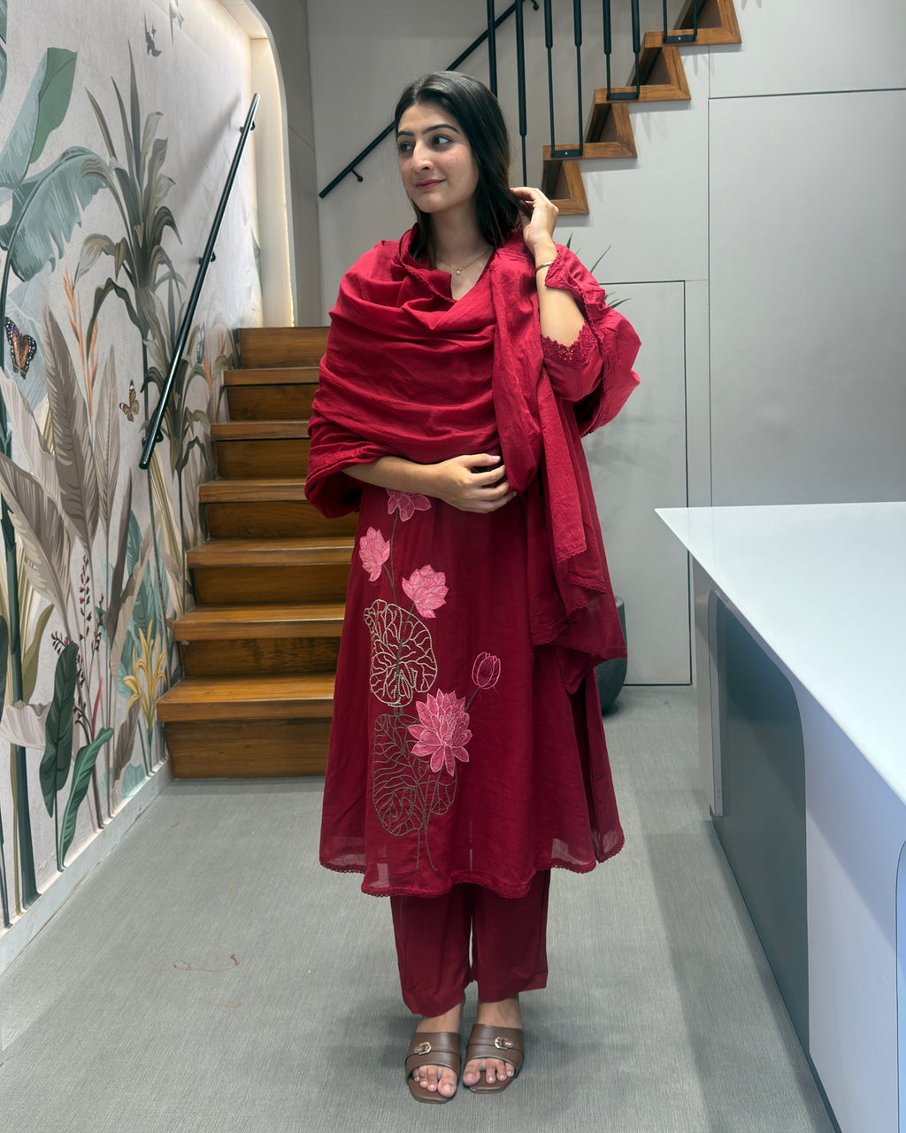 Crimson Bloom Cotton Embroidered Suit Set