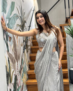 Elegant Silver Grey Handworked Drape Saree with Designer Corset Blouse
