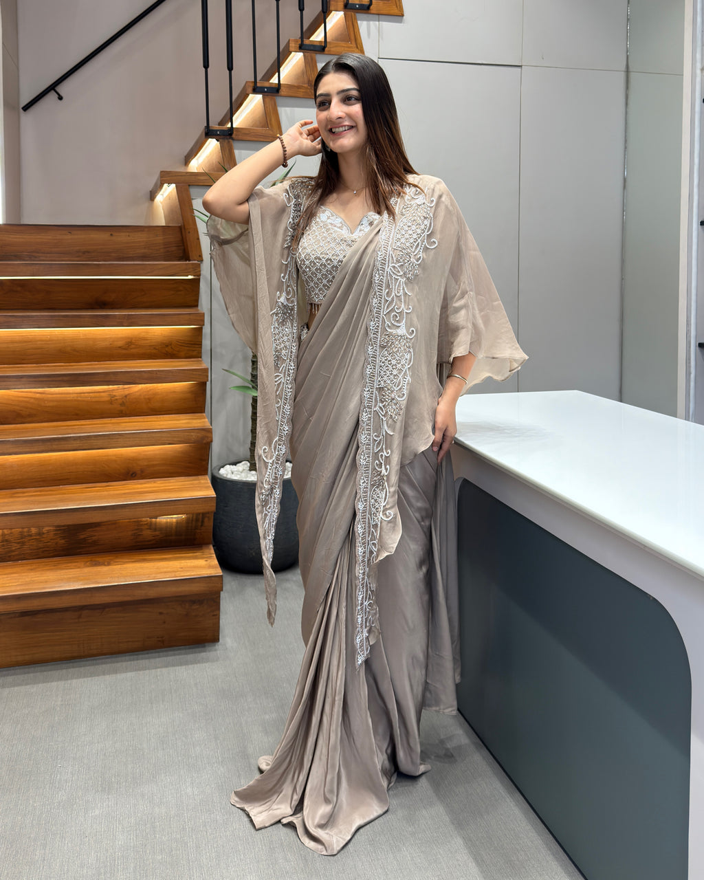 Elegant Taupe Handworked Saree Set with Designer Shrug