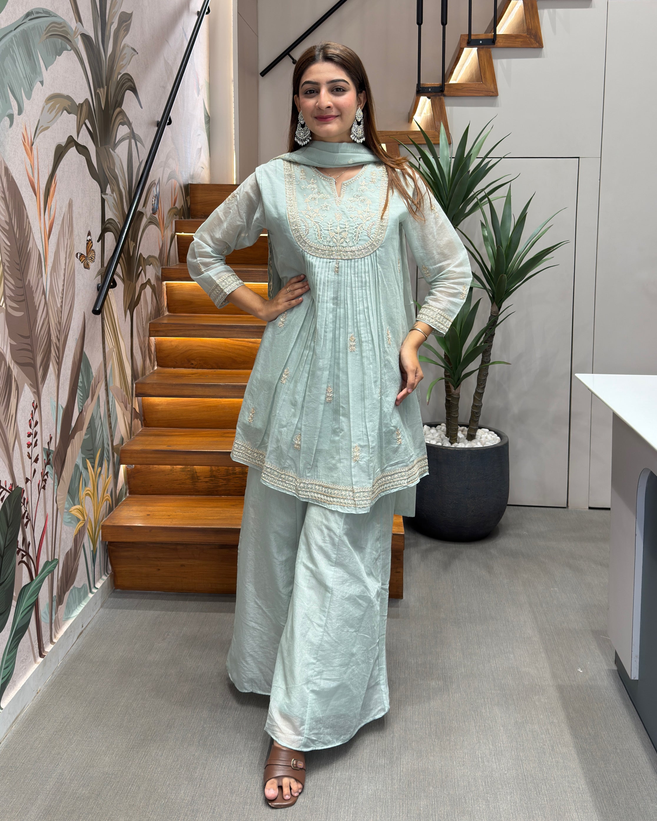 Elegant Mint Green Handworked Palazzo Set with Dupatta