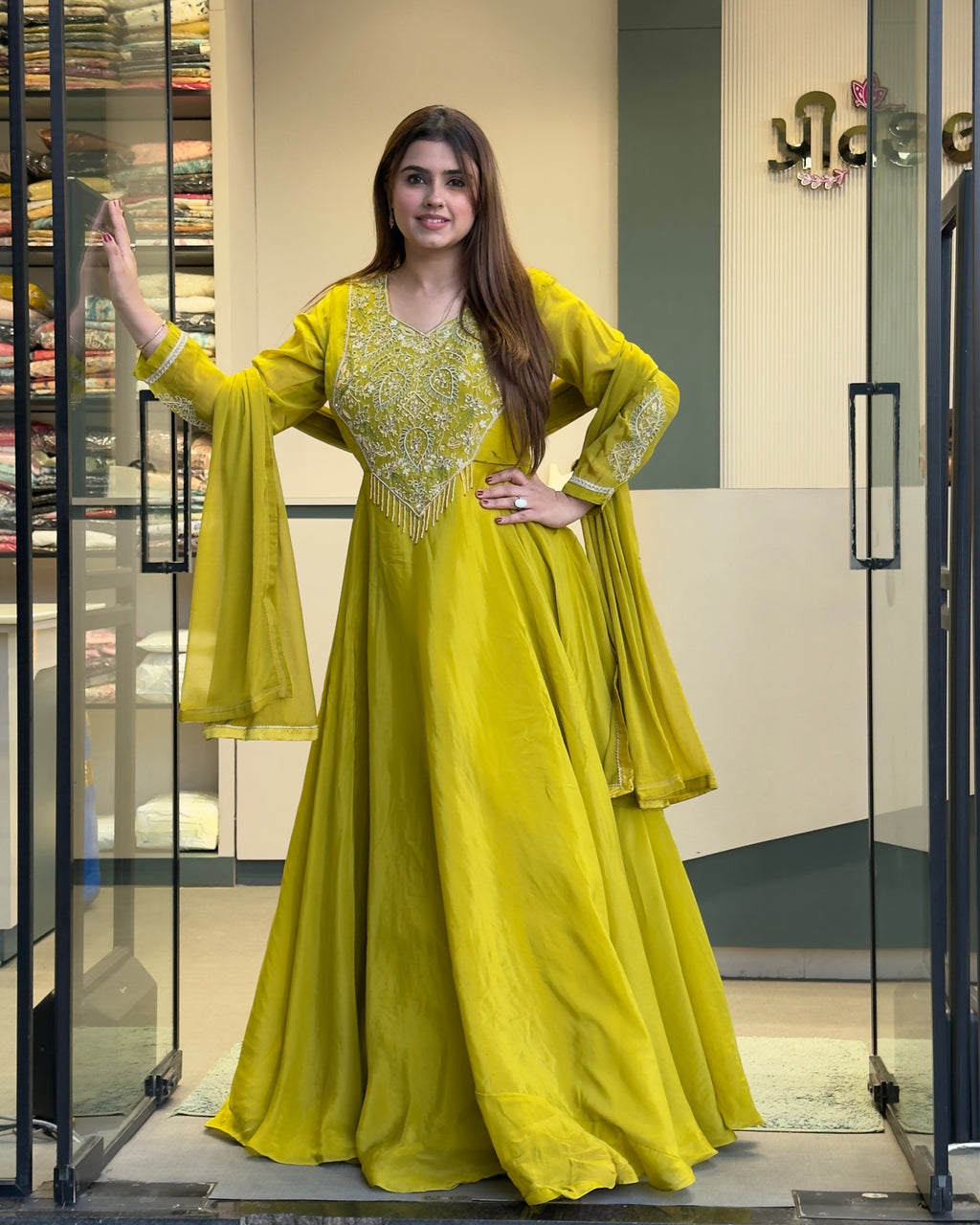 Elegant Lime Green Handworked Flared Gown Set