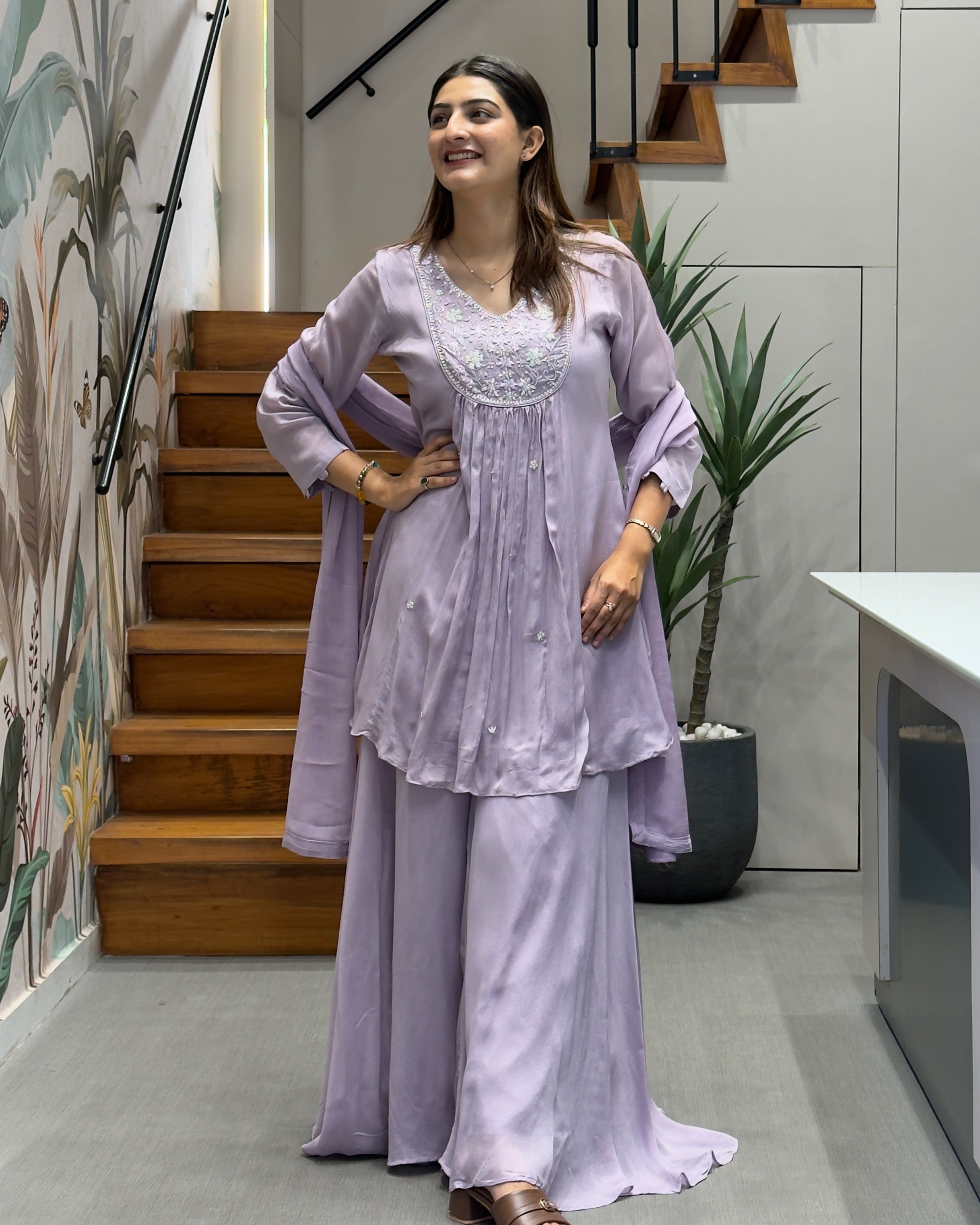 Elegant Handwork Chinon Kurta Plazo Set with Dupatta
