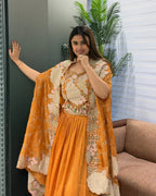 Elegant Mustard Yellow Handworked Inner, Coti & Lehenga Set
