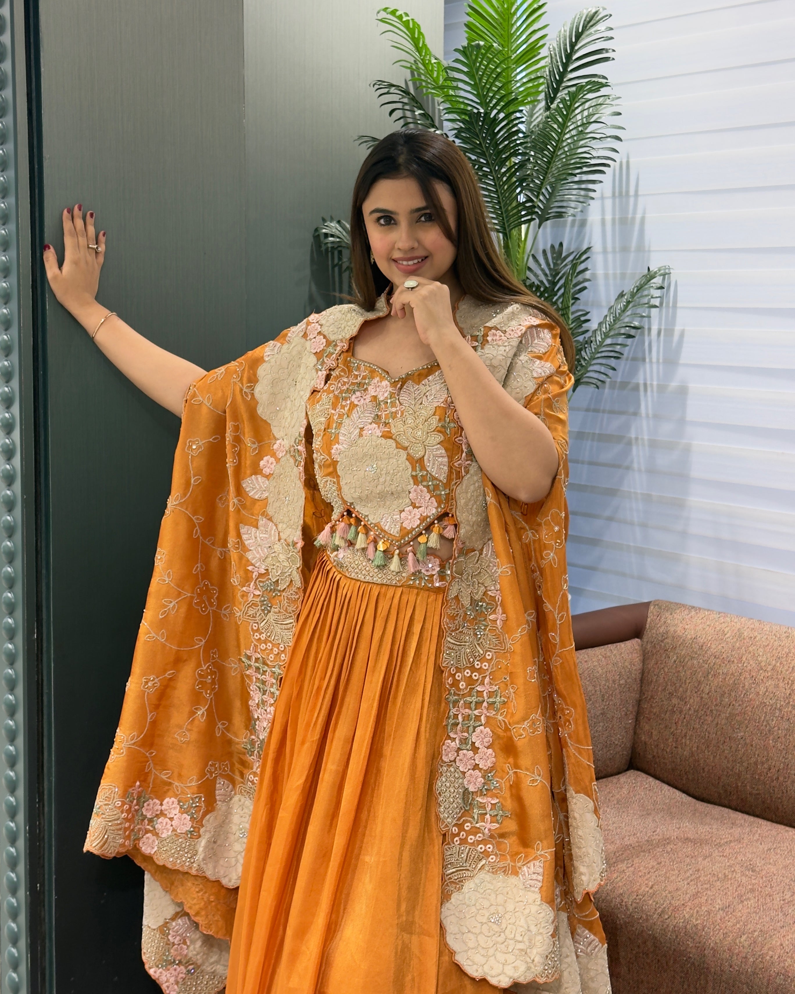Elegant Mustard Yellow Handworked Inner, Coti & Lehenga Set