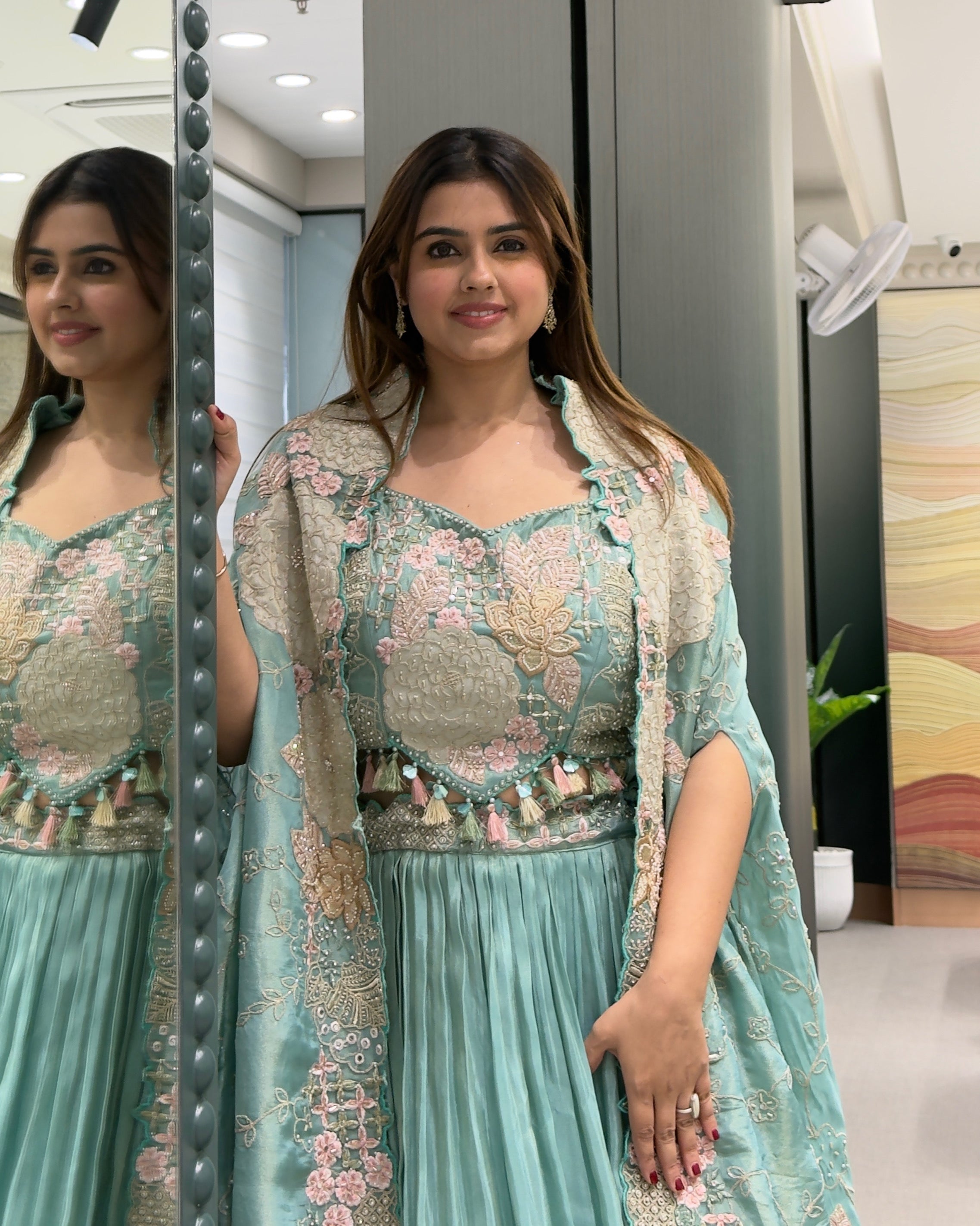 Elegant Sea Green Handworked Inner, Coti & Lehenga Set