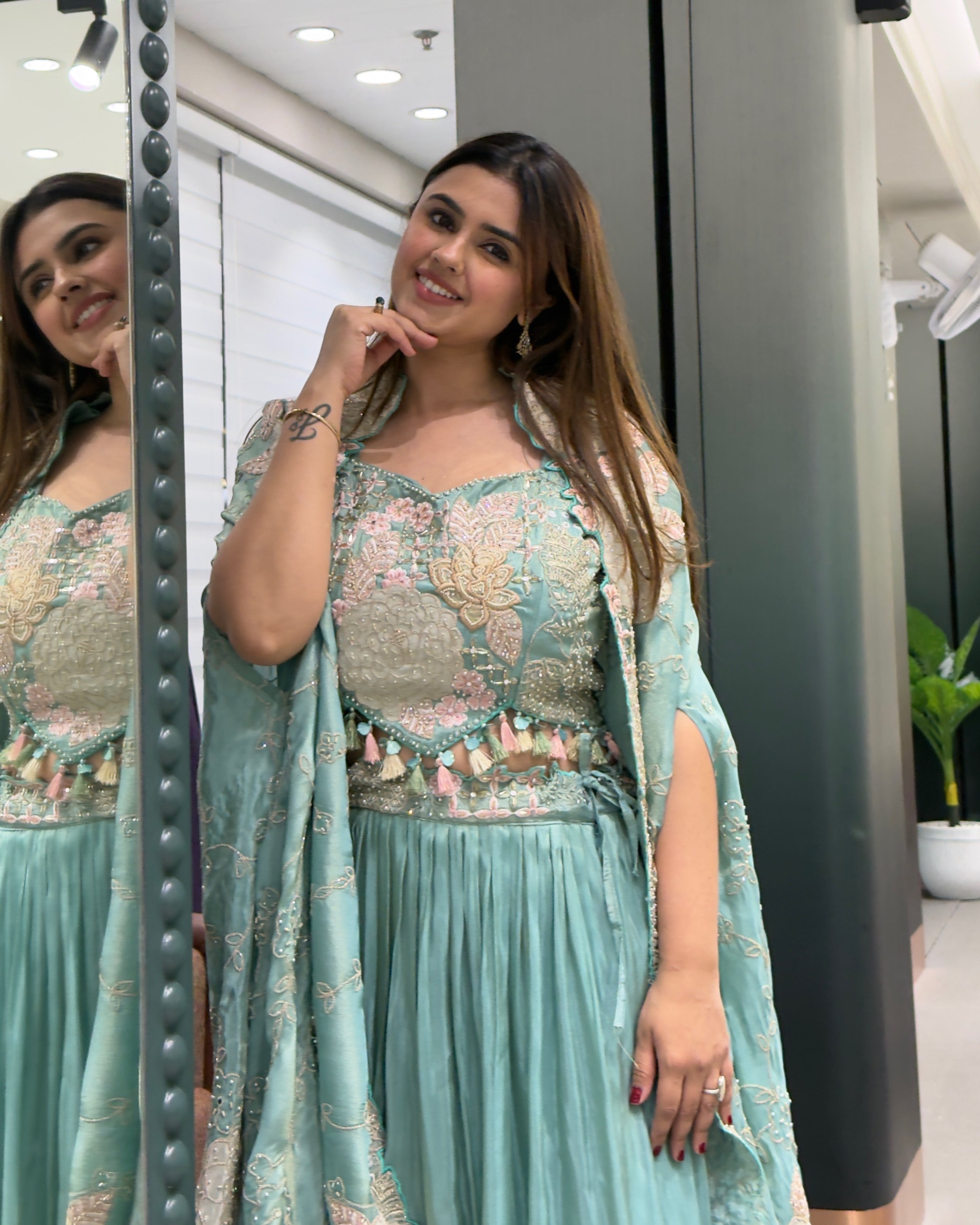 Elegant Sea Green Handworked Inner, Coti & Lehenga Set