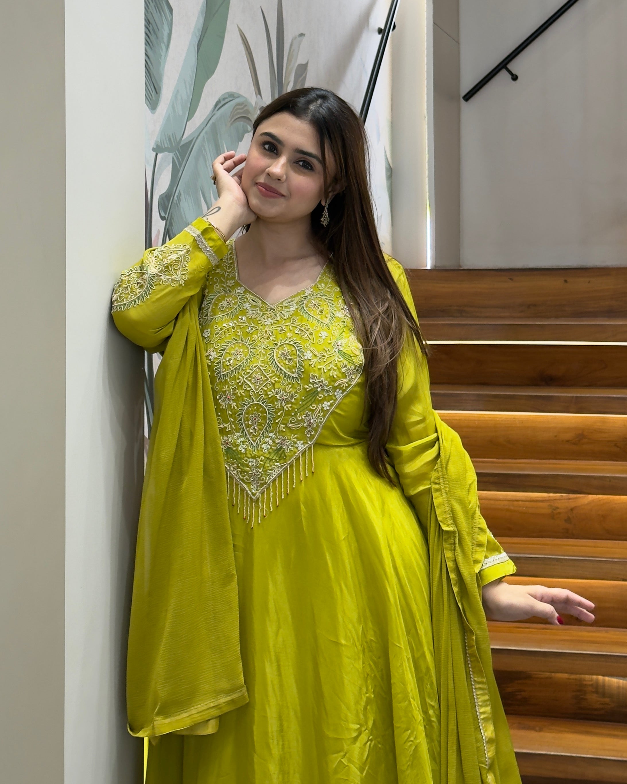 Elegant Lime Green Handworked Flared Gown Set