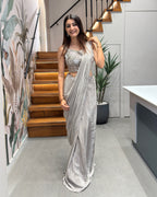 Elegant Silver Grey Handworked Drape Saree with Designer Corset Blouse