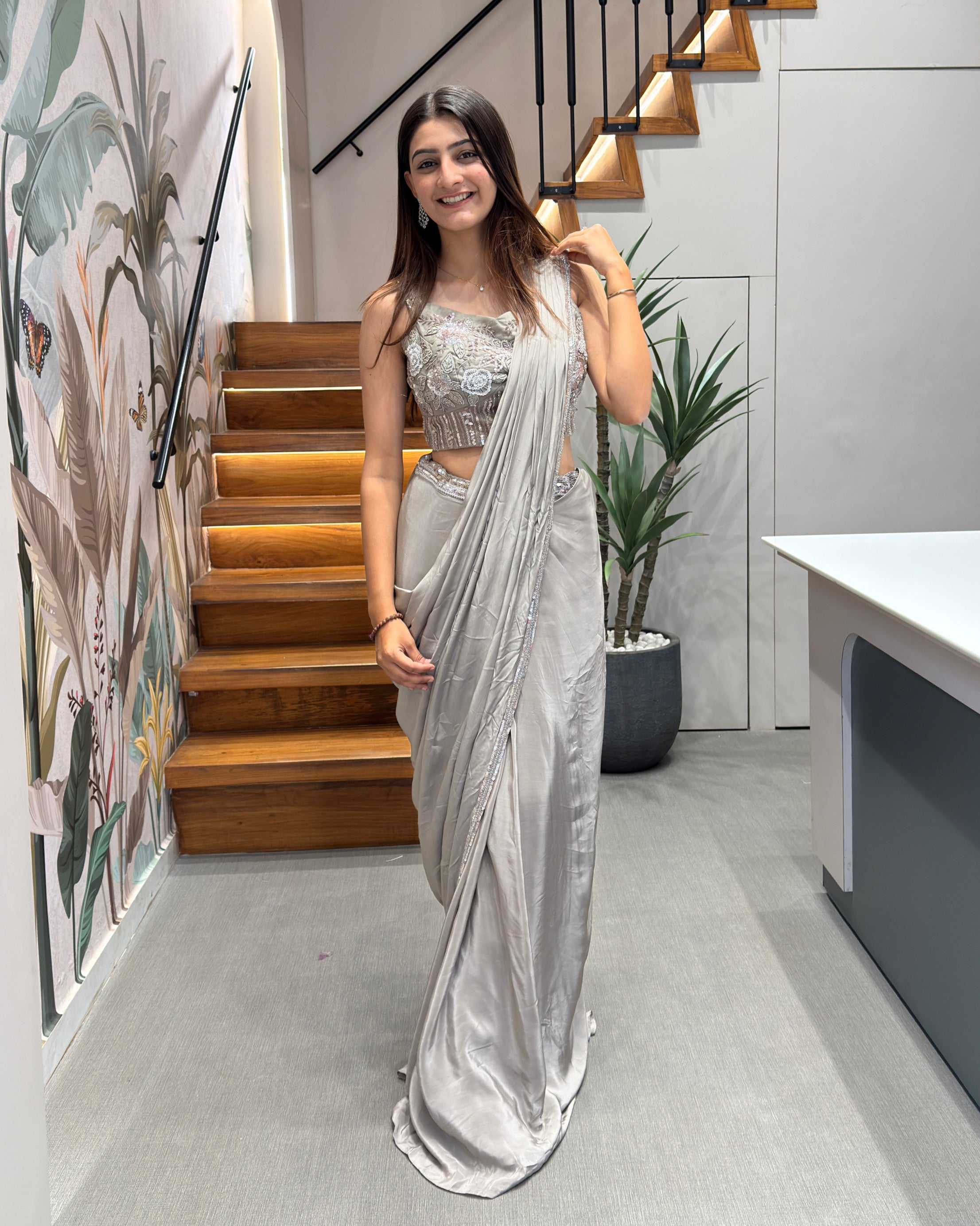 Elegant Silver Grey Handworked Drape Saree with Designer Corset Blouse