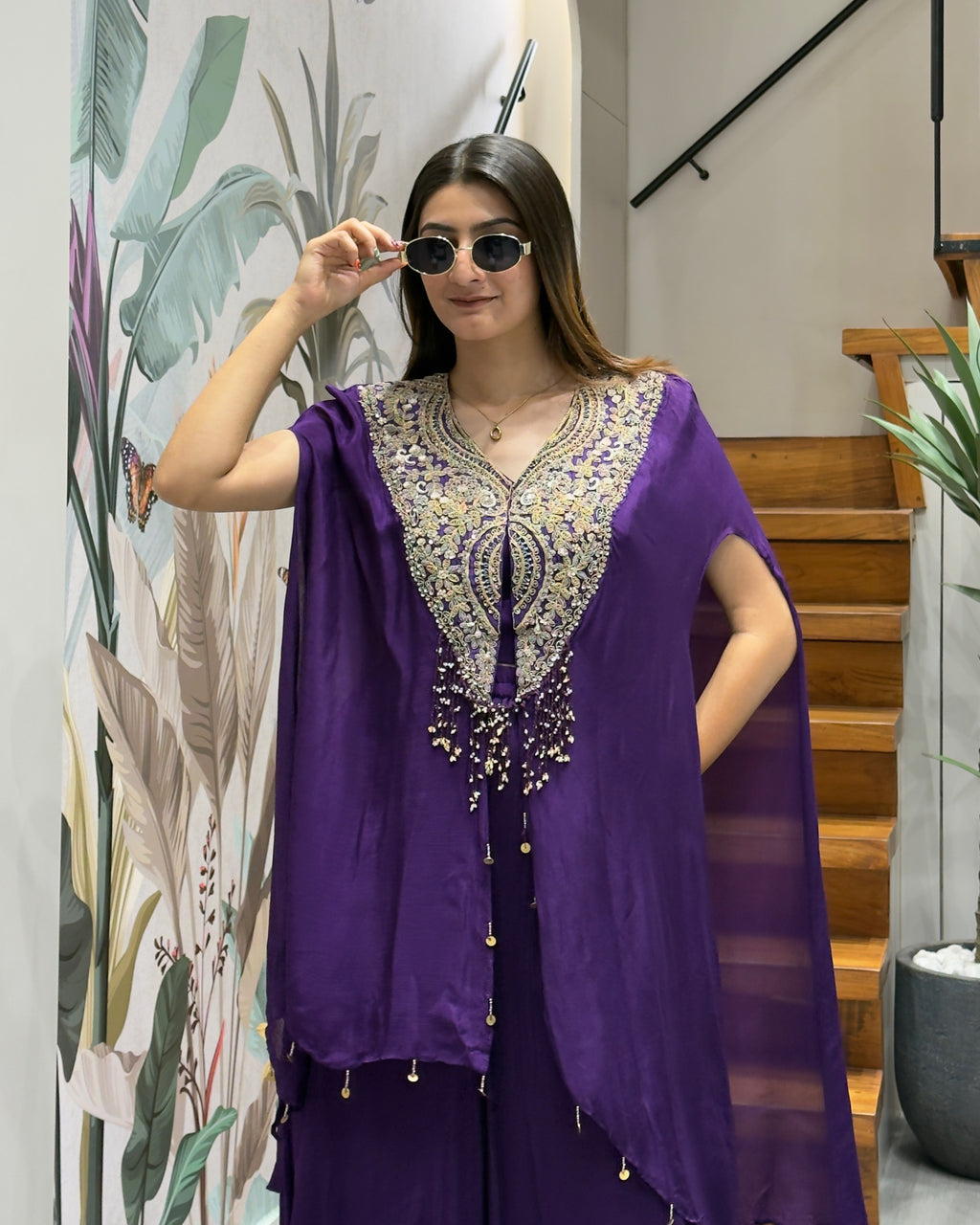 Royal Purple Handworked Kaftan Co-ord Set with Palazzo