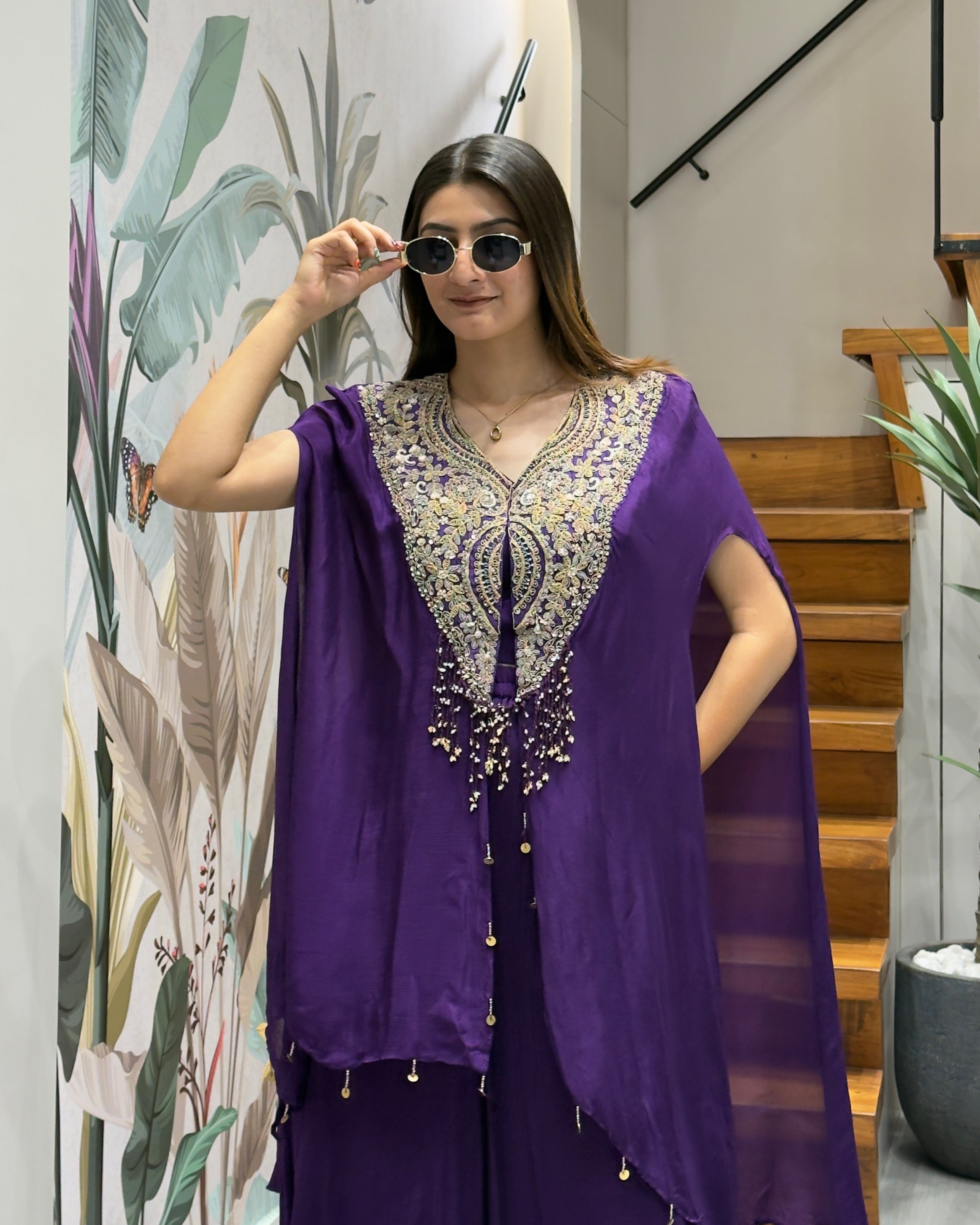 Royal Purple Handworked Kaftan Co-ord Set with Palazzo
