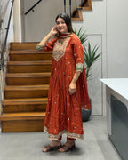 Elegant Rust Orange Handwork Three Piece Suit Set