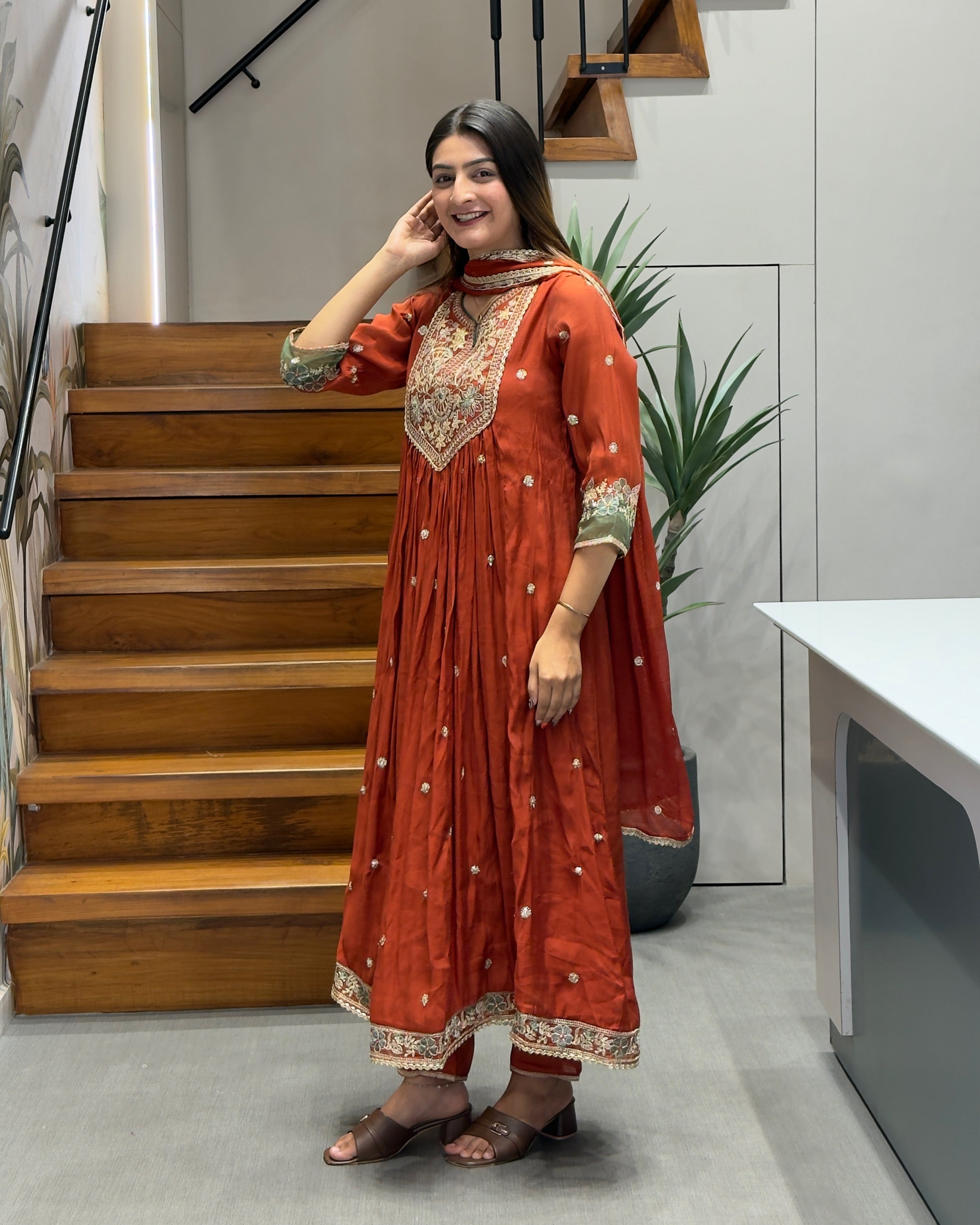Elegant Rust Orange Handwork Three Piece Suit Set