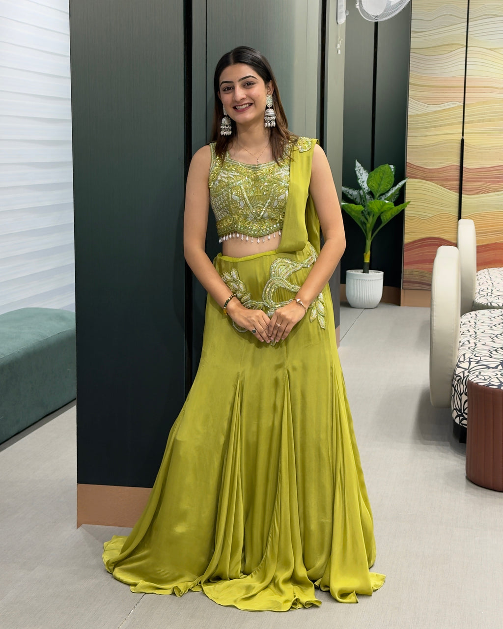 Olive Green Handworked Indo-Western Set