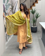 Peach Kurti with Olive Green Dupatta