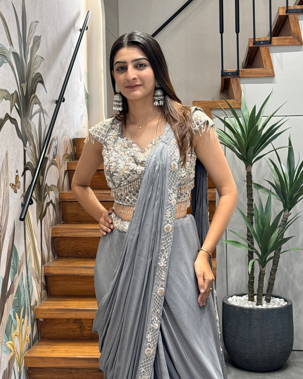 Elegant Grey Handworked Drape Saree Set