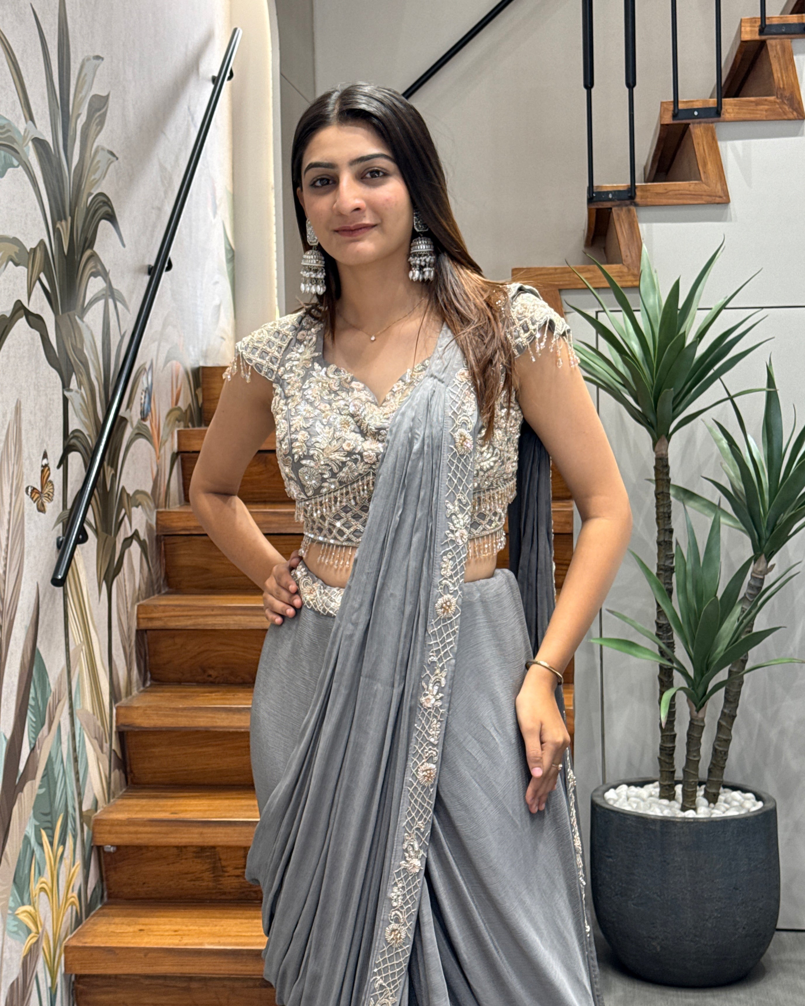 Elegant Grey Handworked Drape Saree Set
