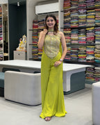 Lime Green Designer Handworked Co-Ord Set with Plazo & Neckline Dupatta