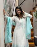Elegant White & Aqua Cotton Three Piece Suit Set