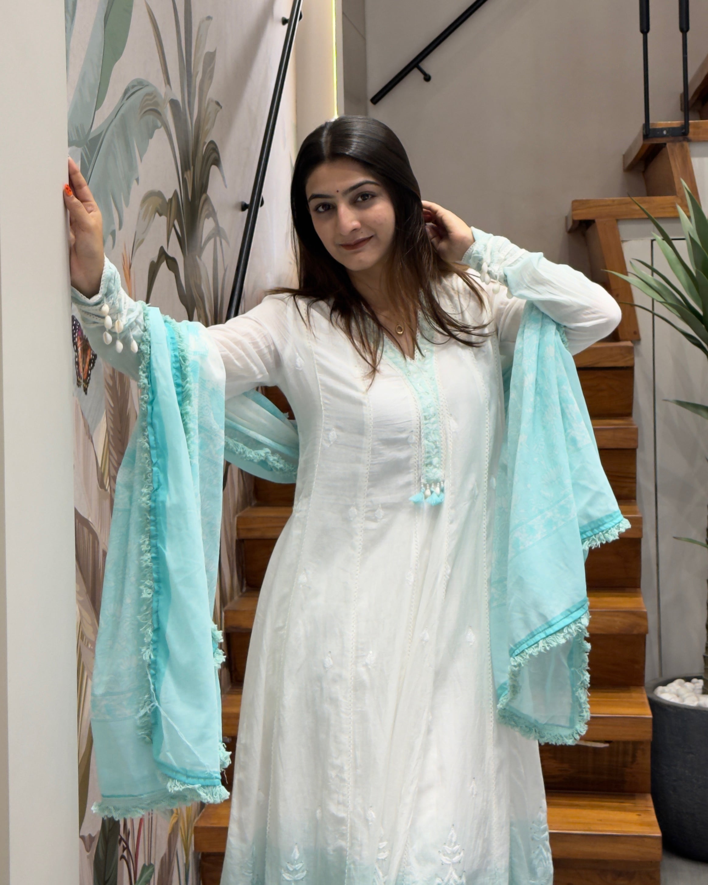 Elegant White & Aqua Cotton Three Piece Suit Set