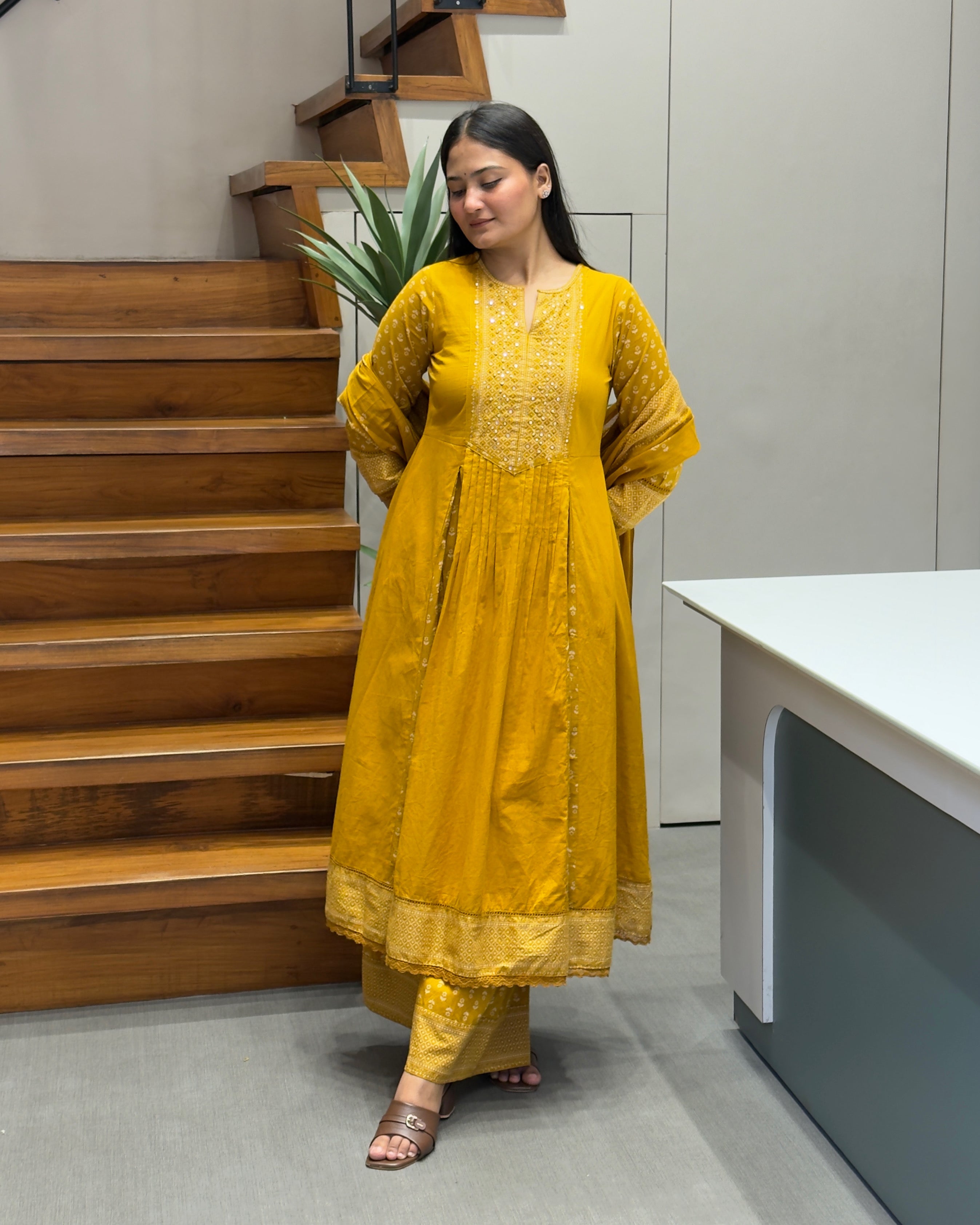 Elegant Mustard Yellow Handworked Three Piece Kurta Set