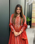 Elegant Red & Orange Handworked Anarkali Gown with Dupatta