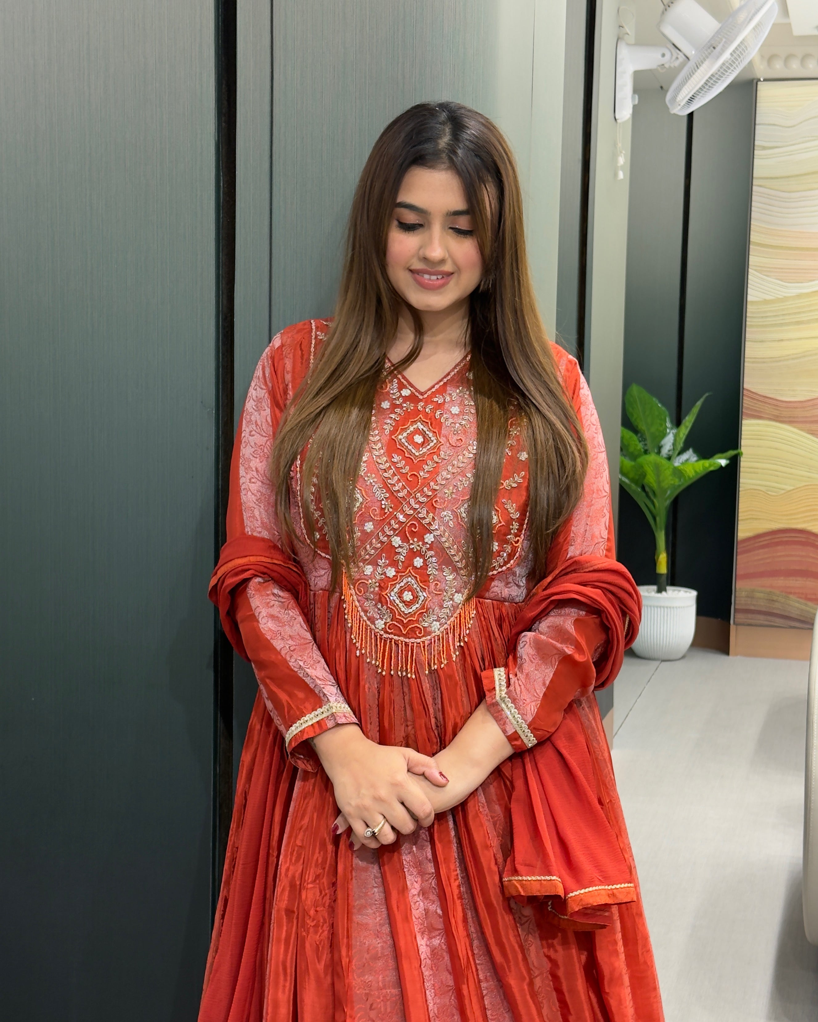 Elegant Red & Orange Handworked Anarkali Gown with Dupatta