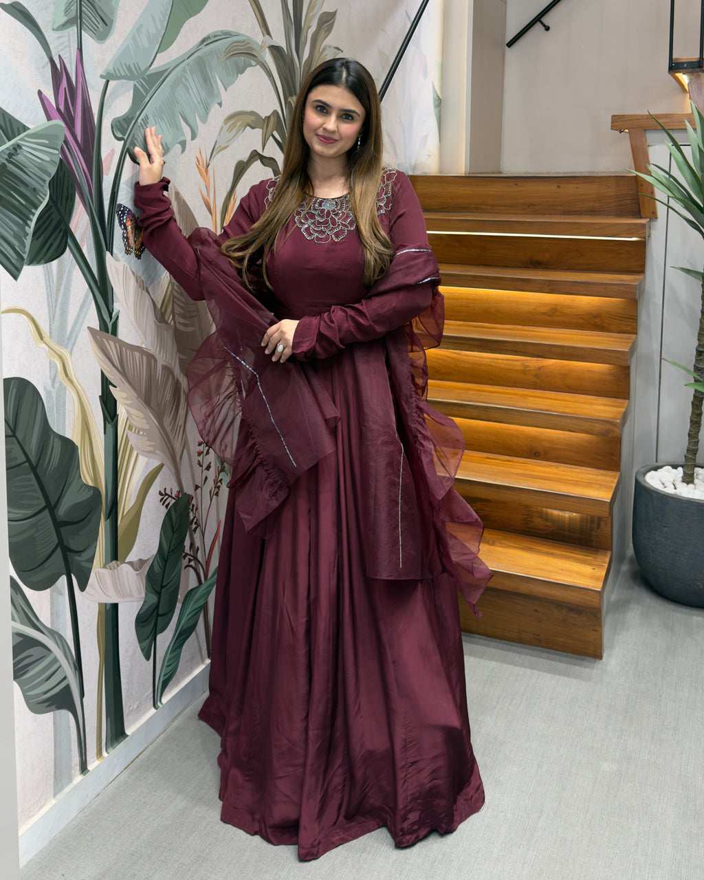 Wine Purple Handworked Flared Gown Set