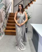 Elegant Silver Grey Handworked Drape Saree with Designer Corset Blouse