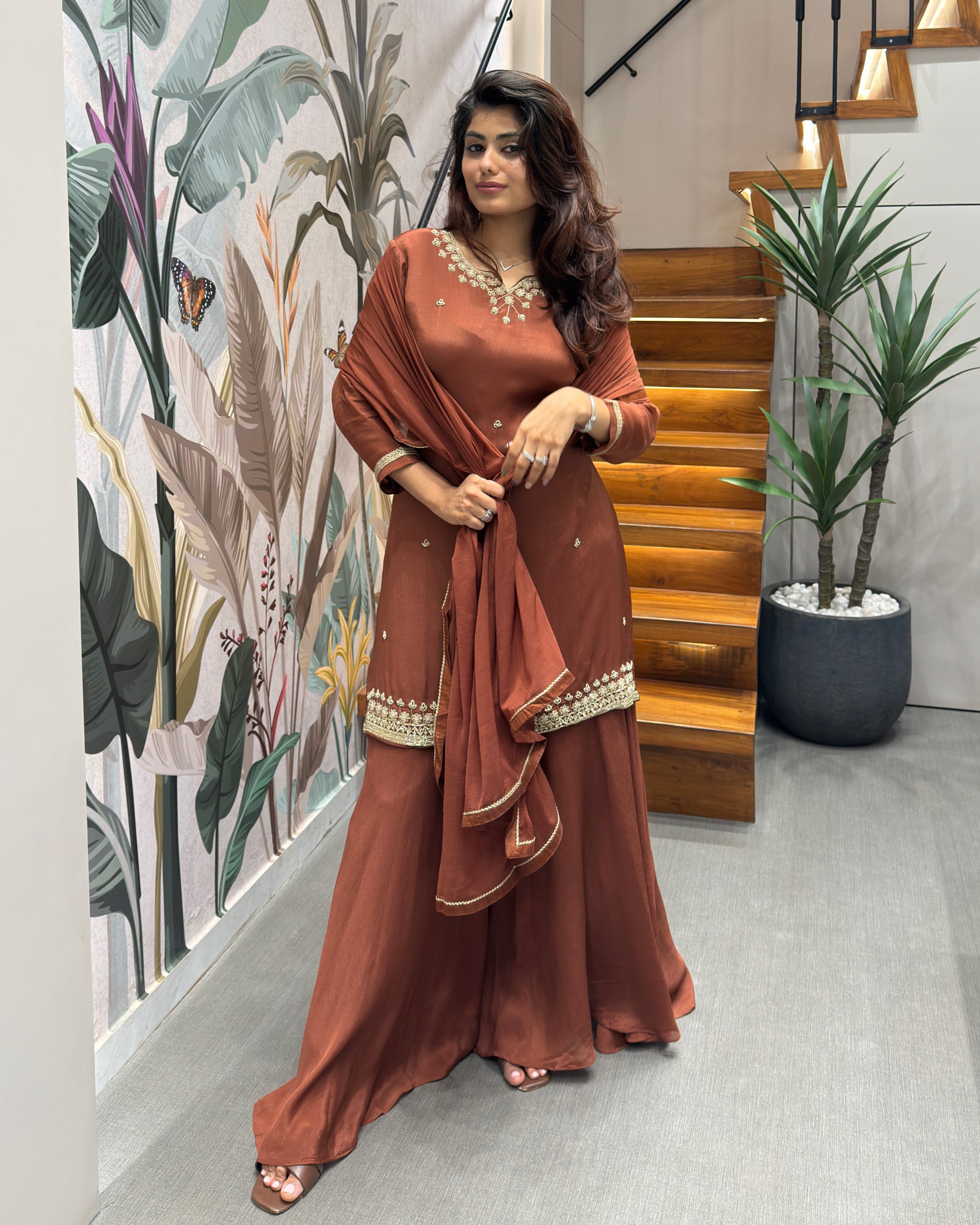 Elegant Handworked Rust Brown Palazzo Set with Dupatta