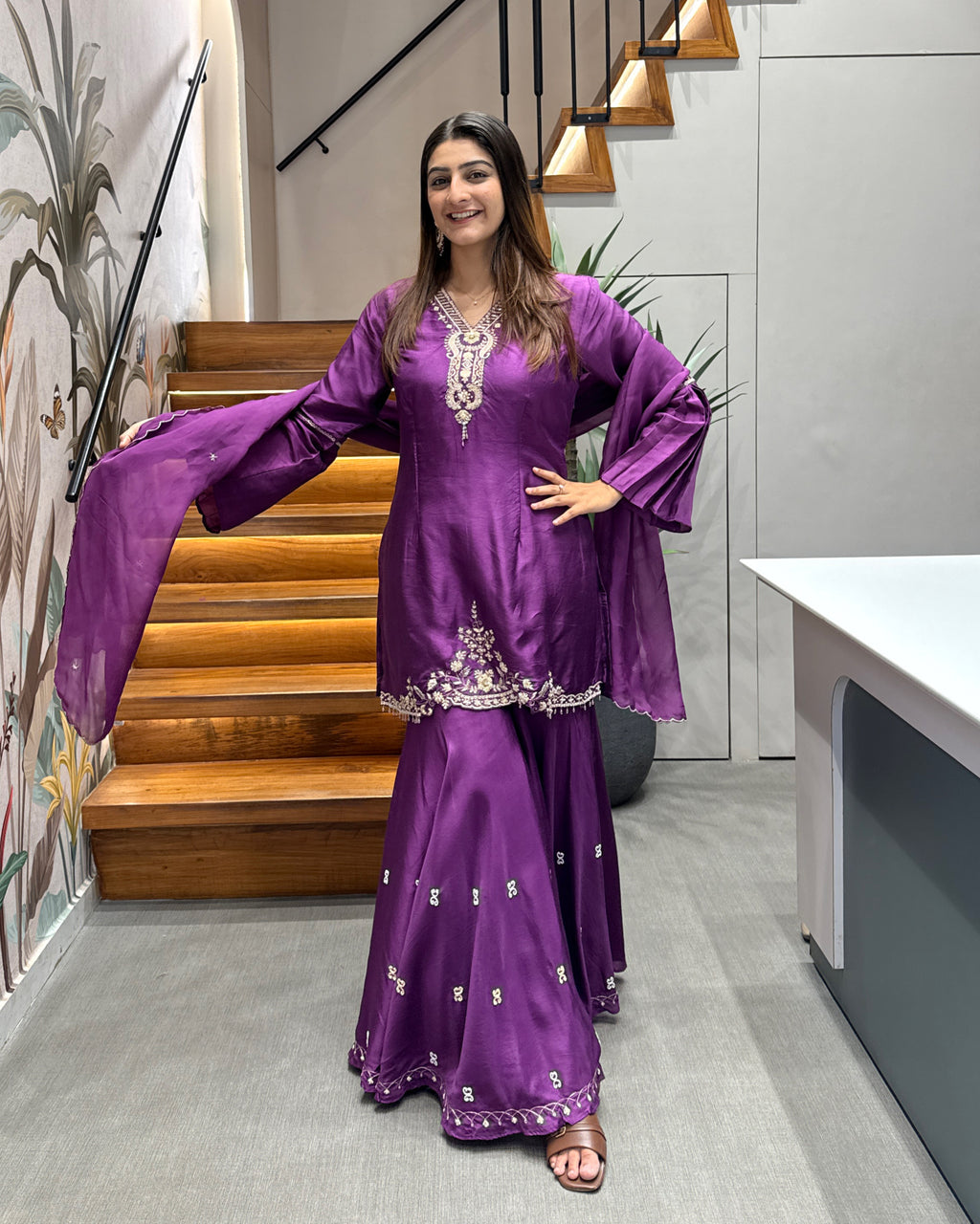 Royal Purple Pure Handworked Kurta Palazzo Set with Dupatta