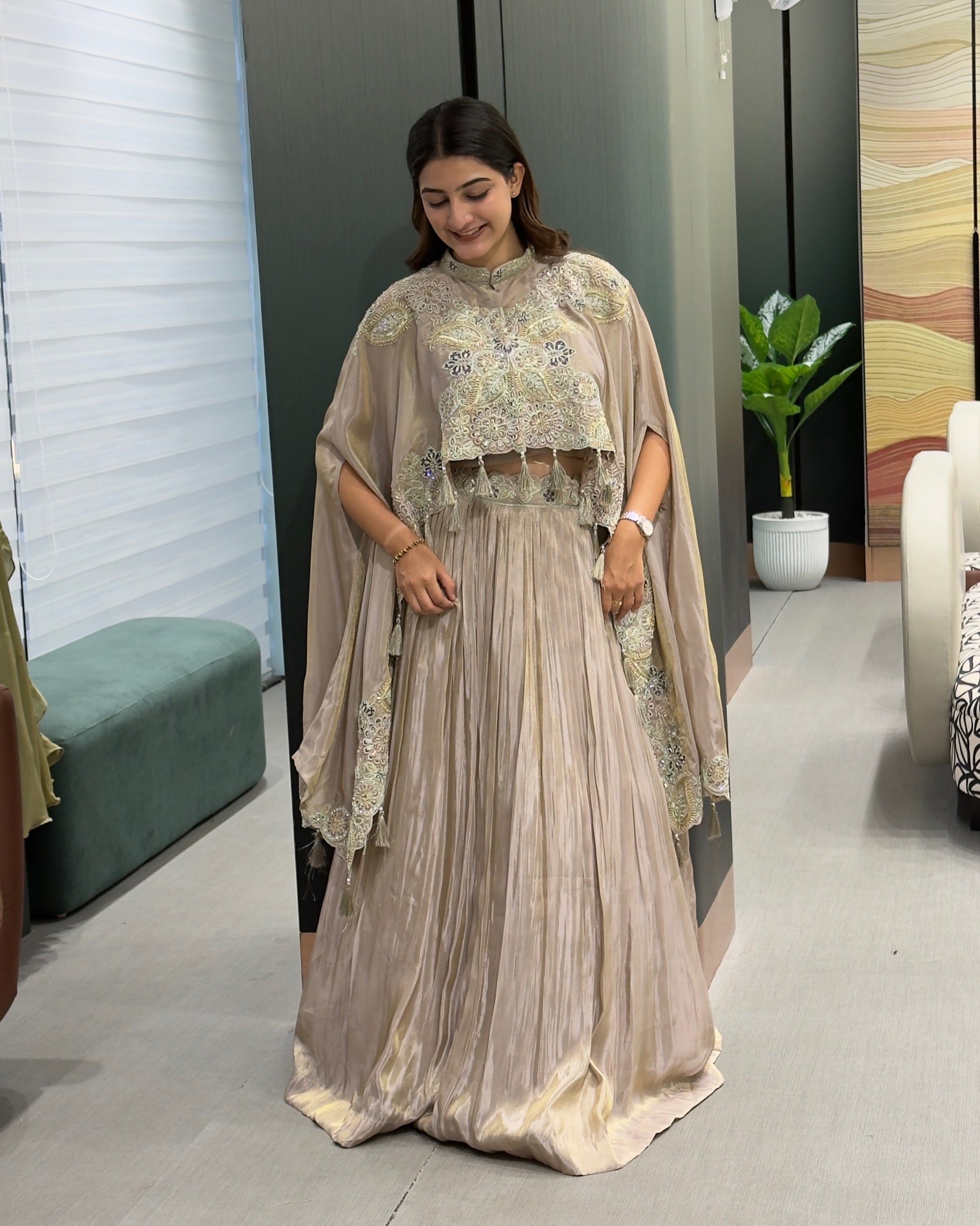 Champagne Gold Designer Handworked Cape Style Lehenga Set with Inner