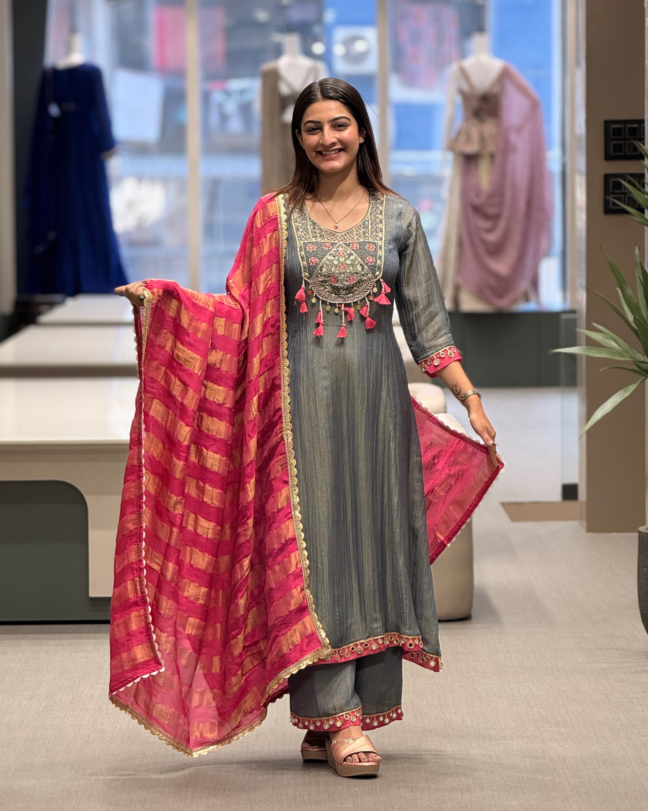 Grey with Pink Dupatta