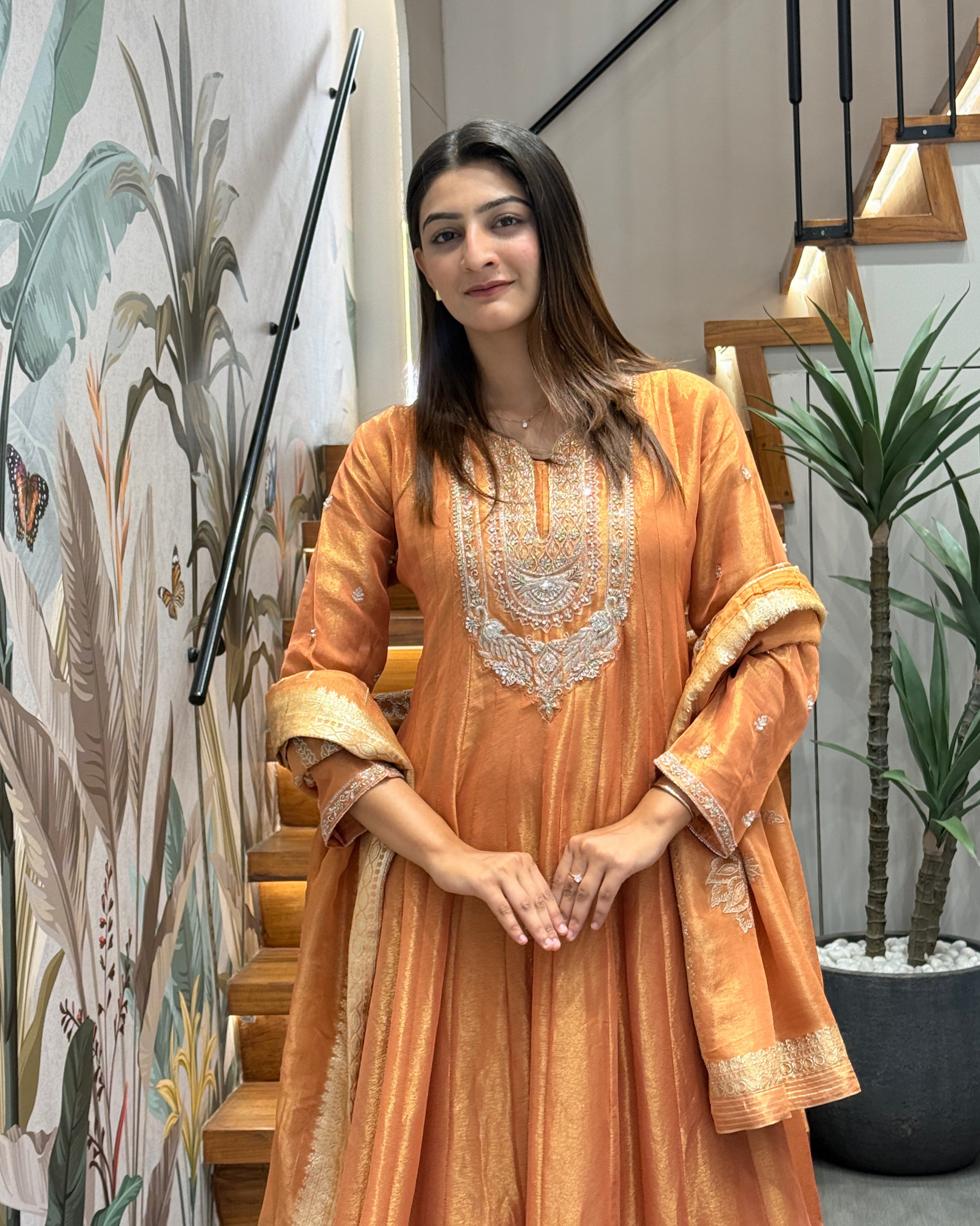 Golden Peach Handworked Full Length Designer Gown Set with Dupatta
