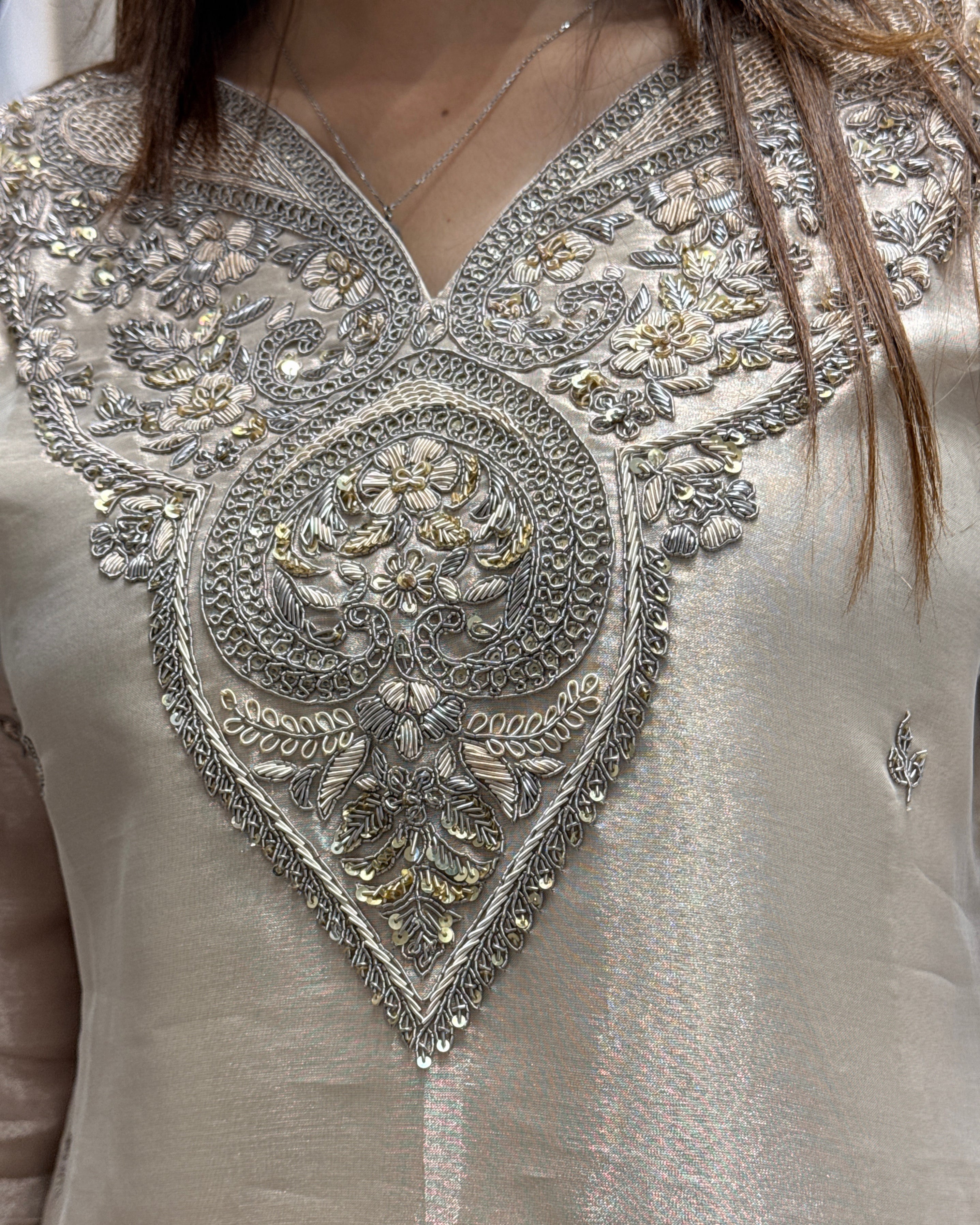 Elegant Handworked Tissue Silk Kurta Palazzo Set with Designer Dupatta