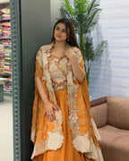 Elegant Mustard Yellow Handworked Inner, Coti & Lehenga Set
