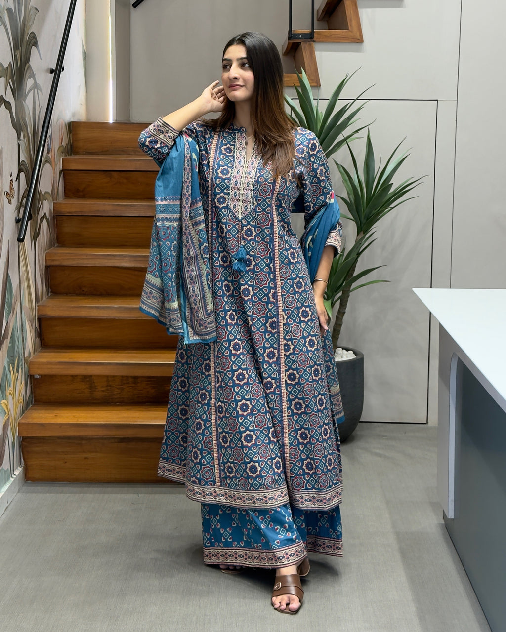 Printed Full Length Kurti with Full Flair Palazzo & Dupatta Set